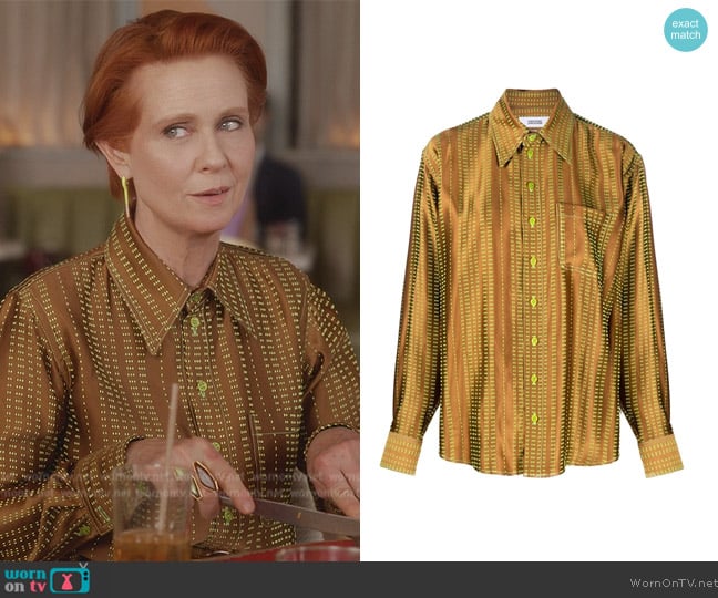 Christopher John Rogers Embroidered Long-sleeve Satin Shirt worn by Miranda Hobbs (Cynthia Nixon) on And Just Like That