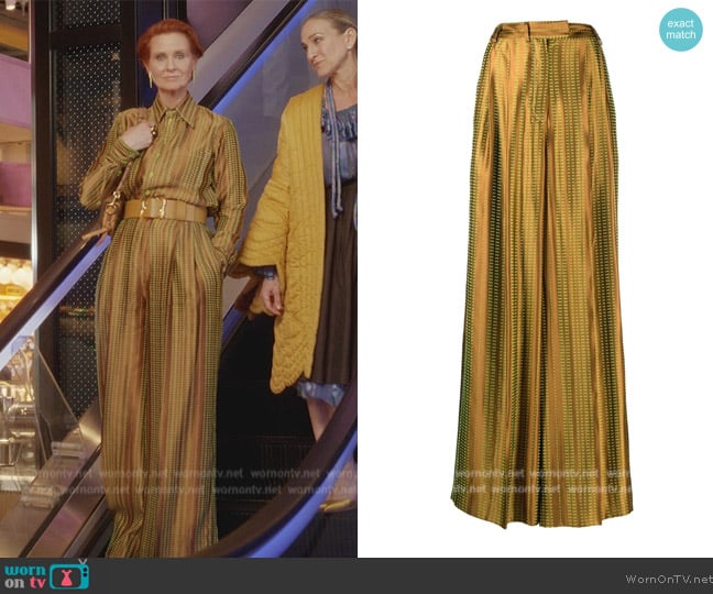 Christopher John Rogers Embroidered Satin wide-leg trousers worn by Miranda Hobbs (Cynthia Nixon) on And Just Like That