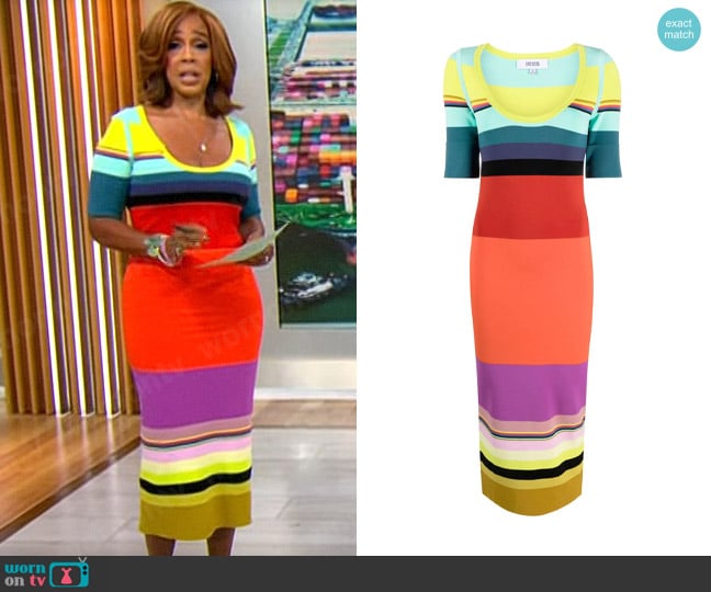 Christopher John Rogers Striped Elbow-Sleeve Knit Midi Dress worn by Gayle King on CBS Mornings