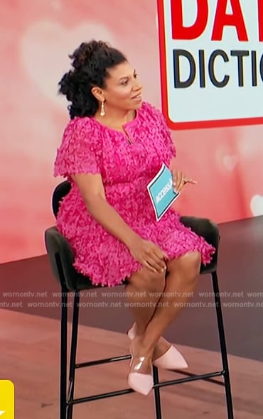 Damona Hoffman’s pink floral applique dress on Access Hollywood