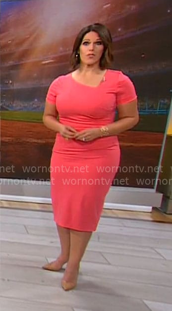 Dana Jacobson’s coral asymmetric dress on CBS Mornings