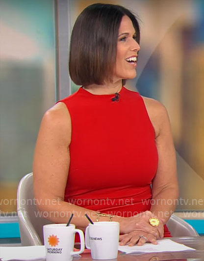 Dana Jacobson's red sleeveless dress on CBS Mornings