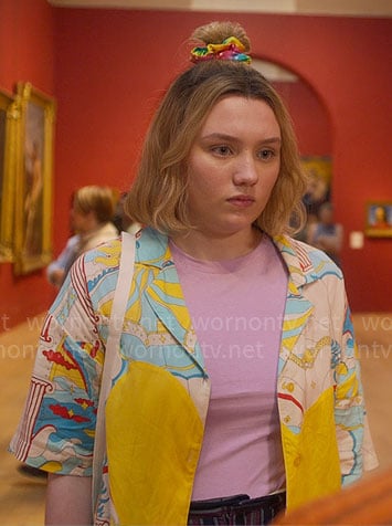 Darcy's yellow and blue printed button down shirt on Heartstopper