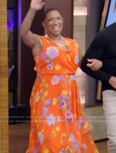 Deja Vu's orange floral print wrap dress on Live with Kelly and Mark