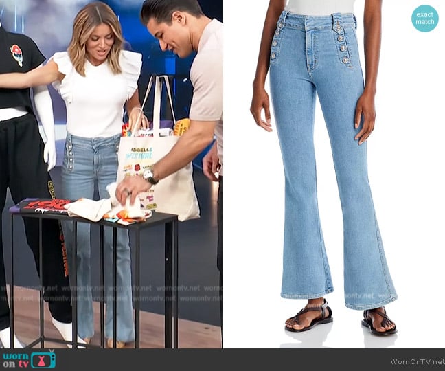 Derek Lam 10 Crosby Robertson High Rise Flare Jeans in Dover Light worn by Kit Hoover on Access Hollywood