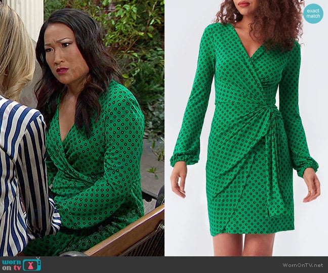 Diane von Furstenberg Toronto Wrap-Effect Printed Jersey Dress worn by Melinda Trask (Tina Huang) on Days of our Lives