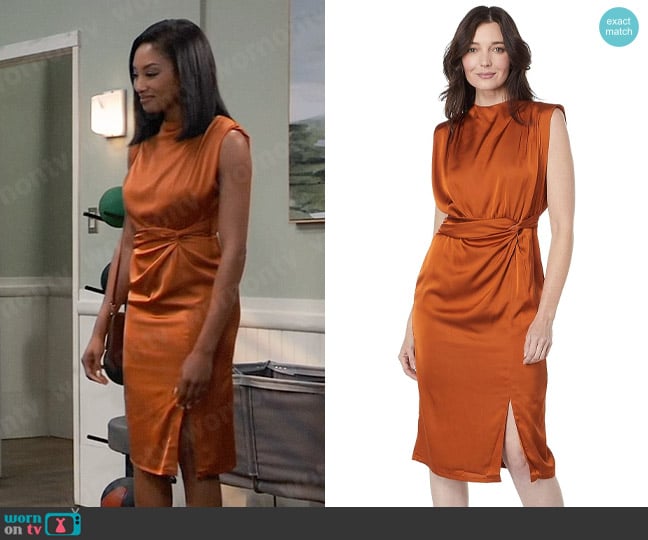 Donna Morgan Cowl Neck Midi Dress in Umber worn by Jordan Ashford (Tanisha Mariko Harper) on General Hospital