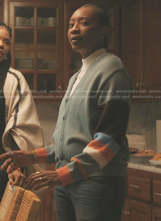 Dre's blue striped sleeve cardigan on The Chi