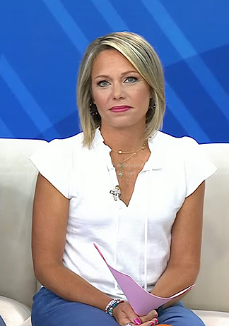 Dylan’s white ruffle tie neck top on Today