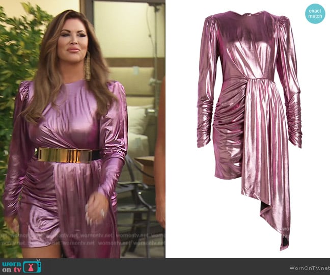 Elliatt Avalee Metallic Long Sleeve Cocktail Dress worn by Emily Simpson on The Real Housewives of Orange County