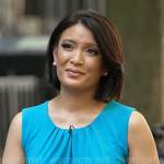 Elaine Quijano’s blue pleated neckline top on CBS Mornings