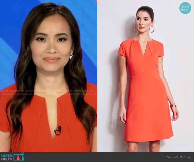 Elie Tahari Short Sleeve Dart Fit & Flare Dress in Tomato worn by Em Nguyen on Good Morning America