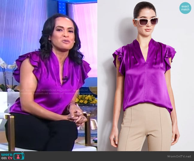 Elie Tahari Silk Satin Flutter Shirt worn by Linsey Davis on Good Morning America