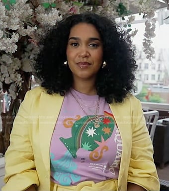 Elizabeth Acevedo’s purple print tee and yellow blazer on Good Morning America