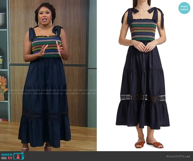 En Saison Shay Smocked Tiered Midi-Dress in Navy Multi worn by Alicia Quarles on Good Morning America