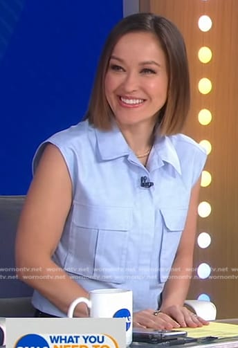 Eva’s blue patch pocket top on Good Morning America