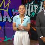 Eva’s light blue polo top and white pants on Good Morning America