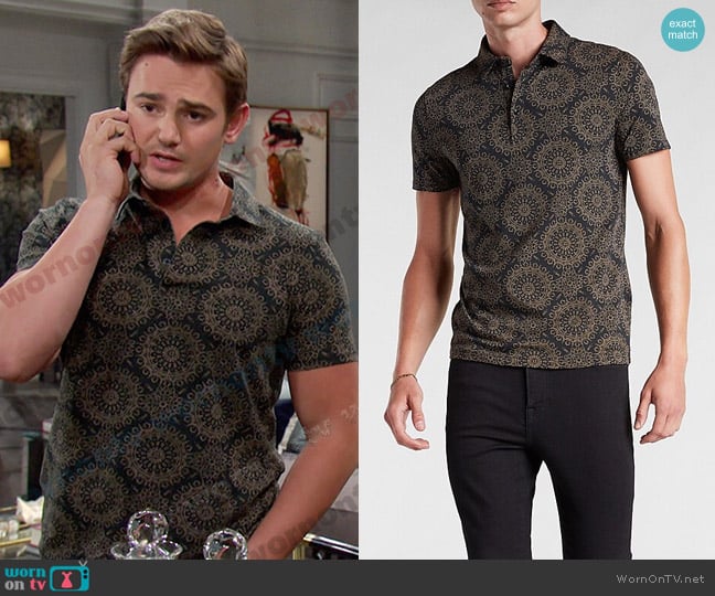 Express Medallion Print Moisture-Wicking Performance Polo worn by Johnny DiMera (Carson Boatman) on Days of our Lives