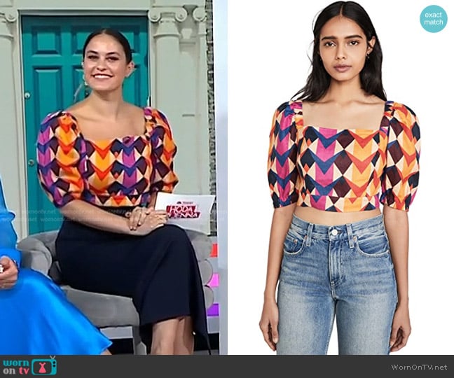 Farm Rio Lindeza Grafica Linen Crop Top in Multi worn by Donna Farizan on Today