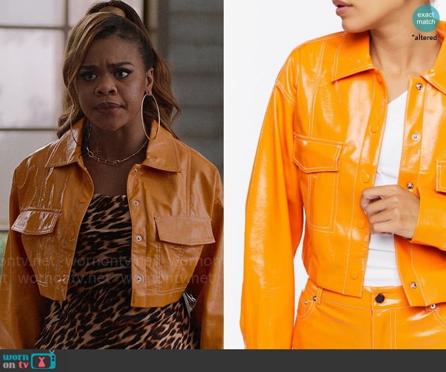 Forever 21 Faux Patent Leather Trucker Jacket worn by Kourtney (Dara Renee) on High School Musical The Musical The Series