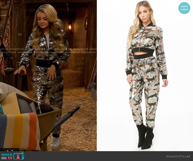 Forever 21 Sequin Camo Bomber Jacket and Pants worn by Destiny Baker (Mallory James Mahoney) on Bunkd