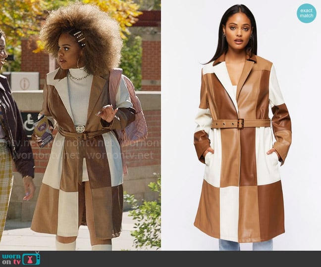 Forever 21 Faux Leather Colorblock Trench Coat worn by Kourtney (Dara Renee) on High School Musical The Musical The Series