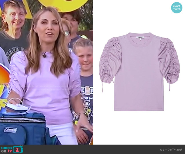 Frame Ruched Puff-Sleeve Top in Lilac worn by Lori Bergamotto on Good Morning America