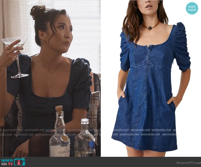 Free People Cheyenne Ruched Sleeve Denim Minidress worn by Ashley Park (Ashley Park) on Only Murders in the Building