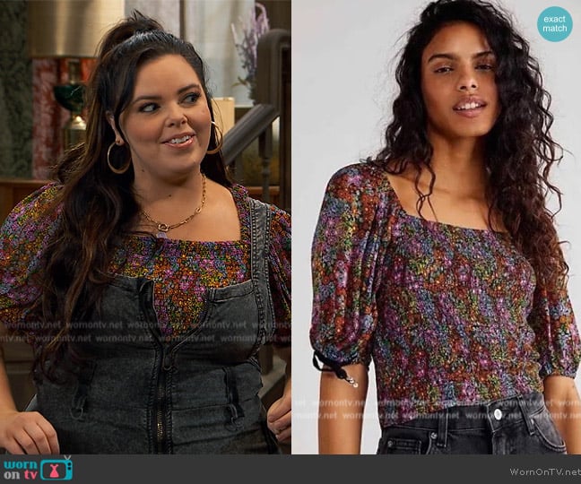 Free People Smocked Puff Sleeve Cropped Blouse worn by Lou Hockhauser (Miranda May) on Bunkd