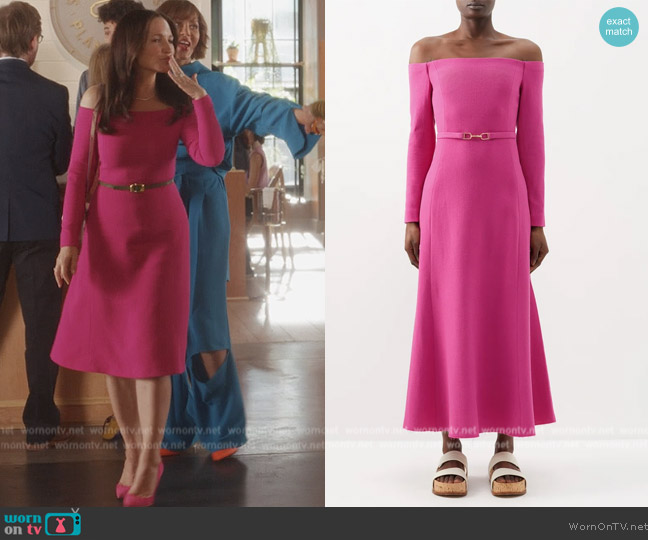 Gabriela Hearst Carole off-the-shoulder knitted dress worn by Charlotte York (Kristin Davis) on And Just Like That