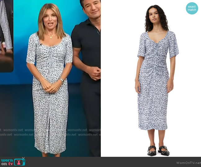 Ganni Printed Crepe U-Neck Midi Dress worn by Kit Hoover on Access Hollywood