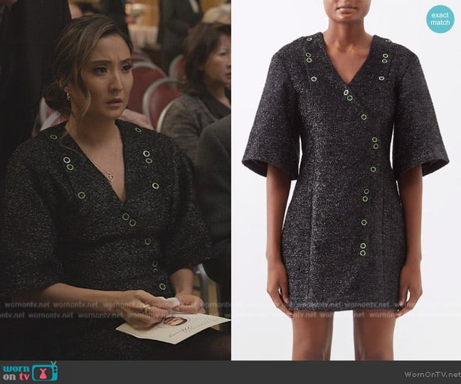 Ganni Recycled-blend lurex mini wrap dress worn by Ashley Park (Ashley Park) on Only Murders in the Building