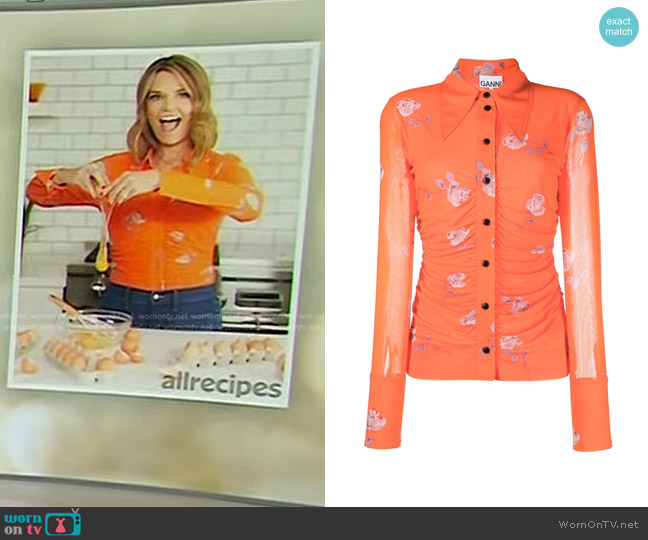 Ganni Ruched Floral Print Mesh Shirt worn by Savannah Guthrie on Today