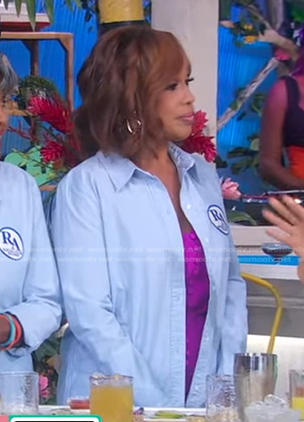 Gayle King’s purple buttoned v-neck dress on Good Morning America