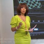 Gayle King's lime green v-neck puff-sleeve dress on CBS Mornings