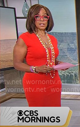 Gayle King's red v-neck sheath dress on CBS Mornings