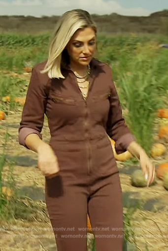 Gina's maroon denim jumpsuit on The Real Housewives of Orange County