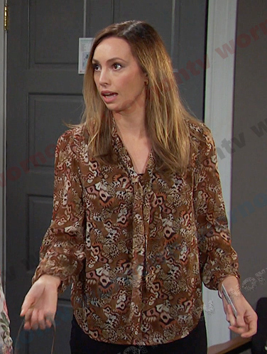 Gwen's brown printed tie neck blouse on Days of our Lives