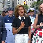 Hoda’s black puff sleeve top and white cargo pants on Today