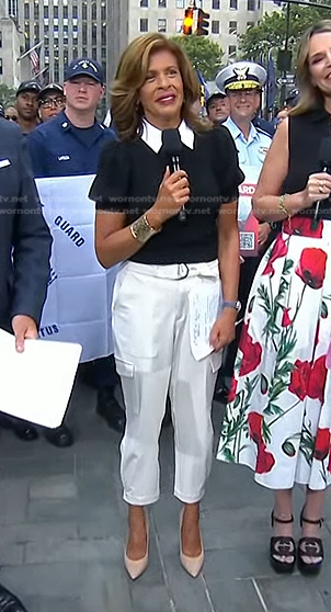 Hoda’s black puff sleeve top and white cargo pants on Today