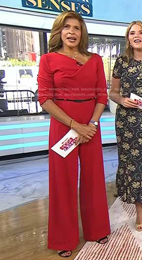 Hoda's red draped neck belted jumpsuit on Today