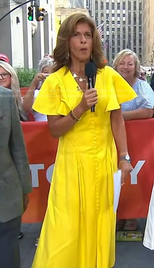 Hoda’s yellow button front v-neck dress on Today