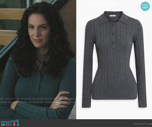 Iris and Ink Sadie ribbed merino wool polo sweater worn by Eva Victor (Rian) on Billions