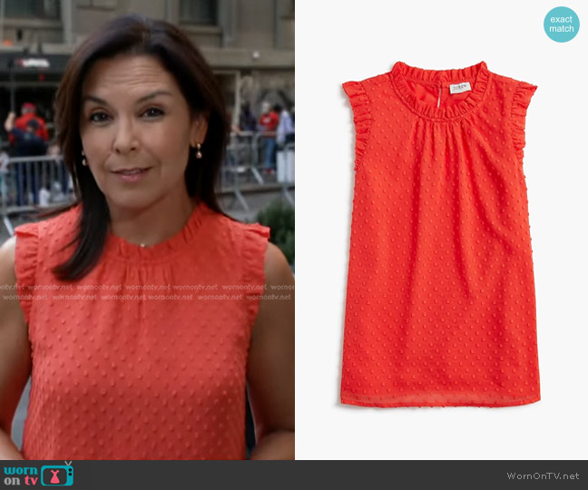 J. Crew Sleeveless Ruffleneck Top in clip dot worn by Meg Oliver on CBS Evening News