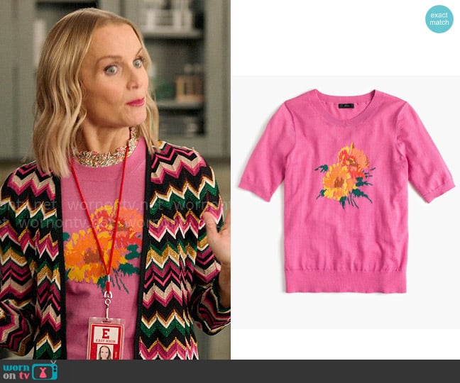 J. Crew Short-sleeve Tippi sweater in flowers worn by Miss Jenn (Kate Reinders) on High School Musical The Musical The Series