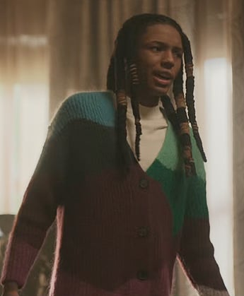 Jake’s colorblock knit cardigan on The Chi