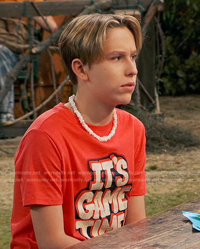 Jake's red It's game time print tee on Bunkd