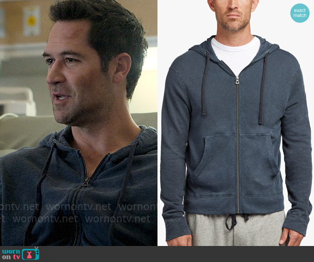 James Perse Vintage French Terry Zip Up Hoodie in Deep worn by Mickey Haller (Manuel Garcia-Rulfo) on The Lincoln Lawyer