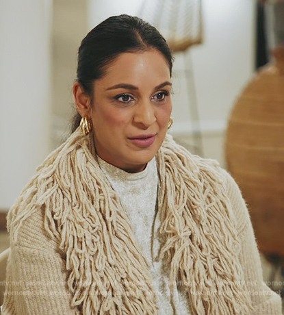 Jessel's beige fringe cardigan on The Real Housewives of New York City