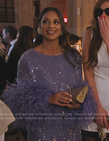 Jessel's purple sequin feather trim top and skirt on The Real Housewives of New York City